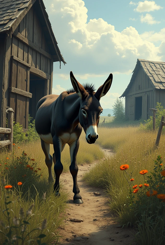 the donkey was sad and tired and saw the abandoned farm