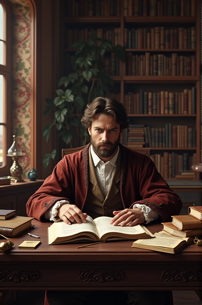 Renaissance man in a room studying with several books