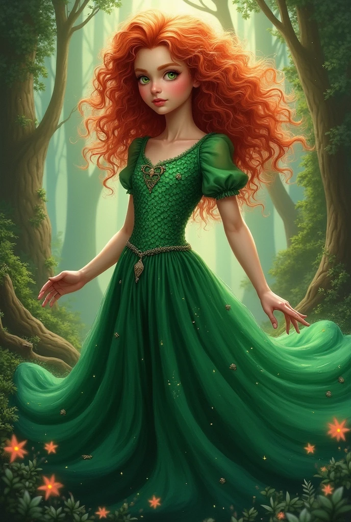 Curly redhead girl in long green dress inspired by dragons full body