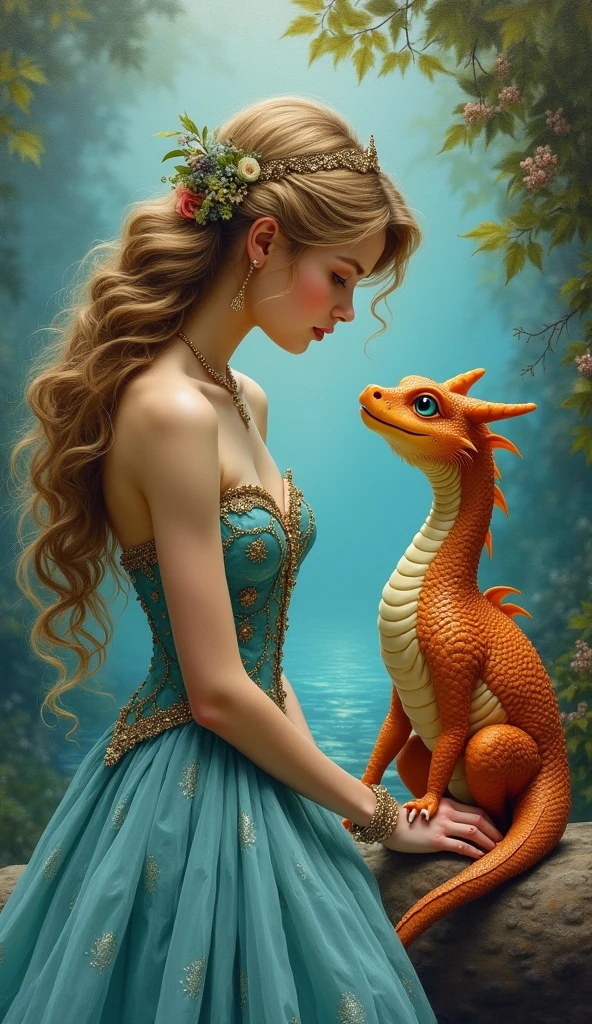 Uma pintura em impasto representando uma cena etérea com uma lindthe princess e um pequeno dragão. the princess, Adorned in a stream, stylish dress, stays gracefully, The Little Dragon, with shiny scales and kind eyes, sit next to her, looking at her with adoration.
