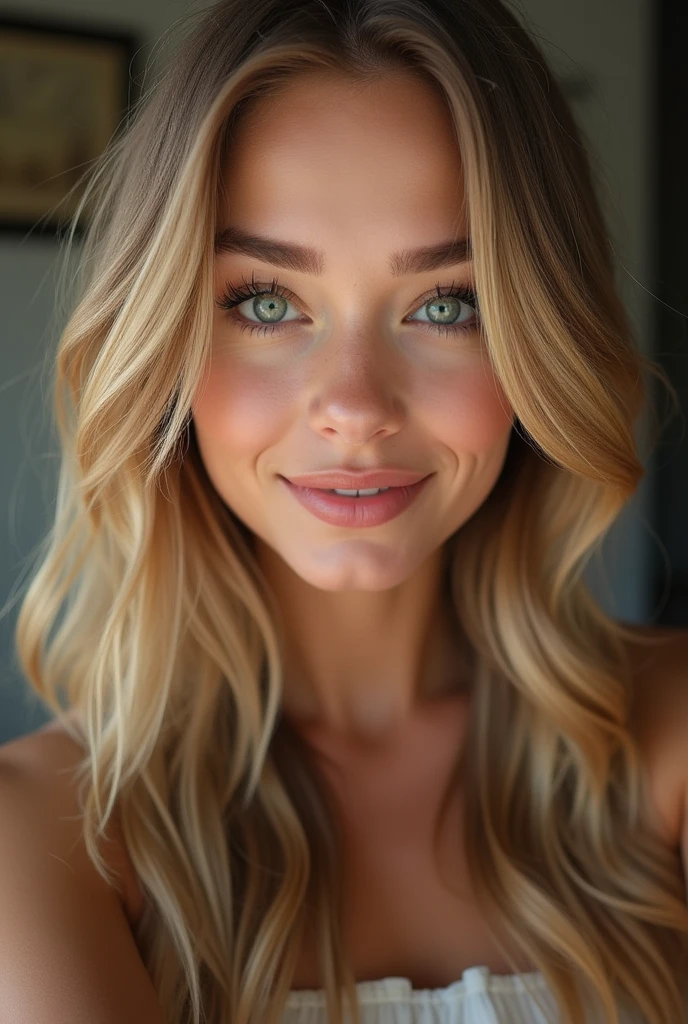 une belle fille aux longs cheveux blonds, yeux détaillés, nez, énerver, et les lèvres, tour effeil, prend un selfie avec son bras droit levé, (Meilleure qualité,4k,8k,haute résolution,Chef de'ouvrages d'art:1.2),ultra-détaillé,(Réaliste,photoRéaliste,photo-Réaliste:1.37),HDR,éclairage de studio,visage et corps très détaillés, portrait,Éclairage cinématographique,Éclairage dramatique,tons de couleurs chaudes,couleurs dramatique