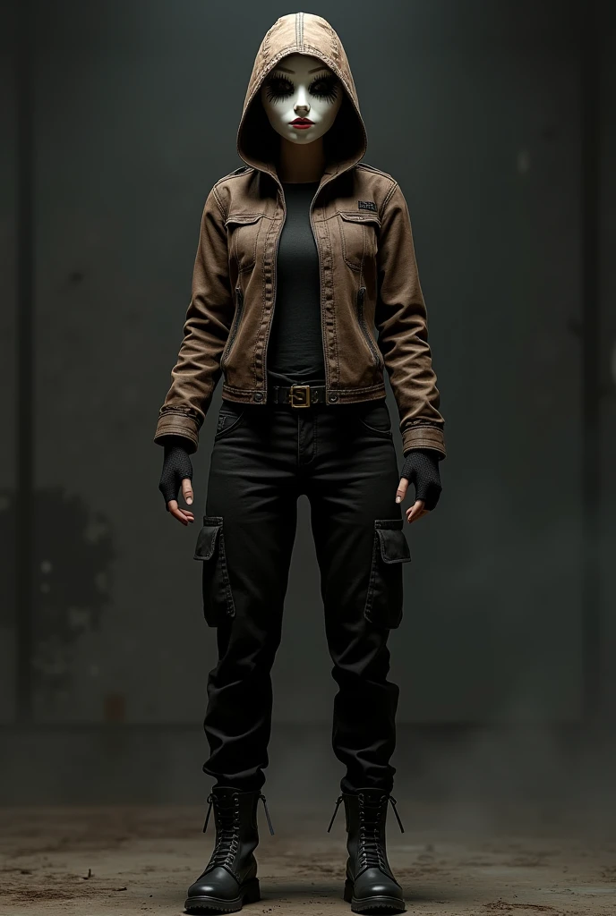 female
dolllike theatre mask covering the whole face 
brown leather jacket with hood on the head
black cargo pants 
black boots
black fingerless gloves
