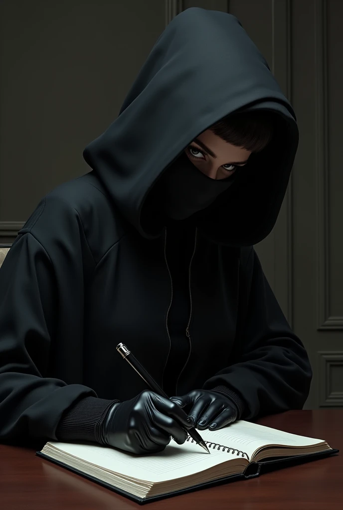 A woman in a black coat and gloves,hooded faceless,writing in a notebook on a table,with pen,dark and hidden elegant background,sitting sideways,with black face mask