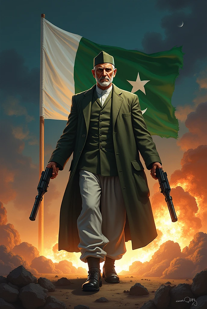 Generate muhammad ali jinnah ( Quiad e azam) holding two machine guns, infront of bomb blasts with the pakistan flag in the background. The sky is also night time. He does not have facial hair and wears a hat. He is the pakistan founding father and is on every currency