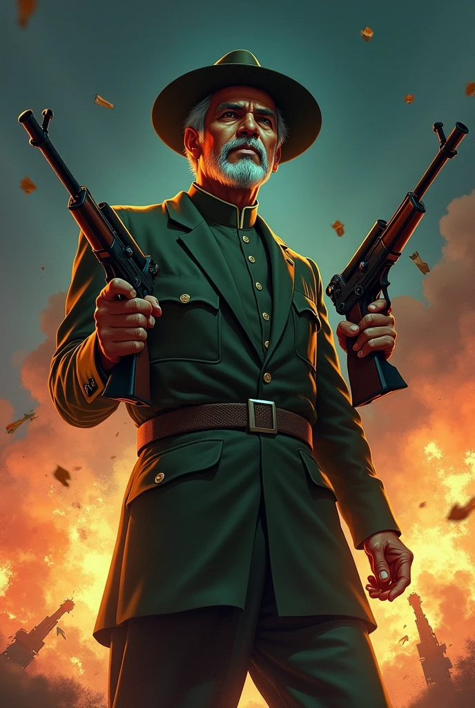 Generate muhammad ali jinnah (with hat) holding two machine guns, infront of bomb blasts with the pakistan flag in the background. The sky is also night time