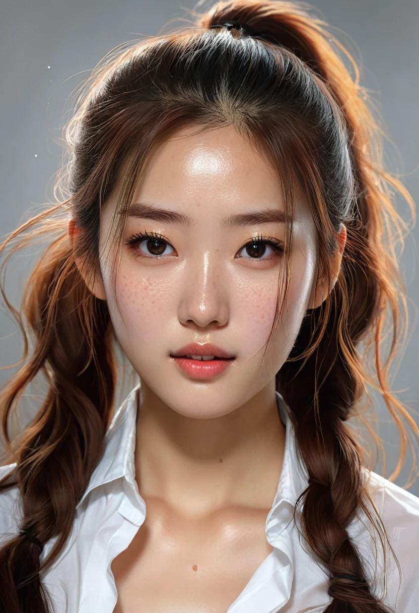 closeup of a Breathtaking hot korean school girl wearing a unbuttoned tight white shirt with long dynamic hair in a messy ponytail , tan honey skin, perfect skin, black eyeliner , long eyelashes, soft skin, slight freckles, defined cheek bones, high cheek bones, round face, cheery, blushing, magic mist, digital painting, digital illustration, extreme detail, digital art, 4k, ultra hd, Anna Dittmann, greg rutkowski, alyssa monks, hyperrealism, trending on artstation, by Egon Schiele, gustave dore, david mann, vintage photography, beautiful, tumblr aesthetic, hd photography, hyperrealism
