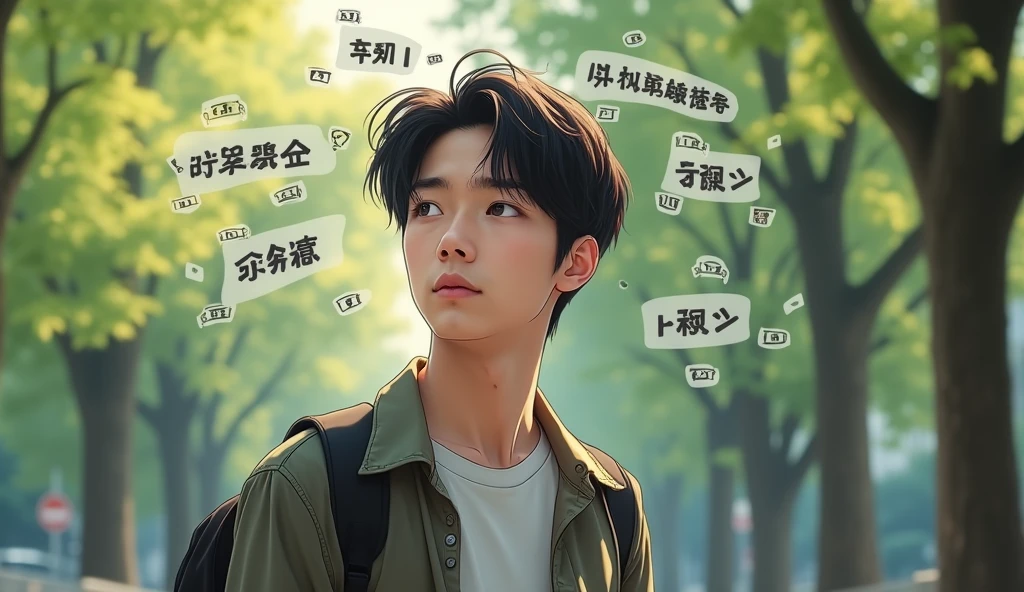 A male Japanese college student is smiling and thinking of an idea, Words floating in the air,Fashionable clothes,Excited, Photo of your face, For work, With a lush park in the background, with a natural look, With a slightly tired look, tilt your face a little, Diagonal orientation, Average face
