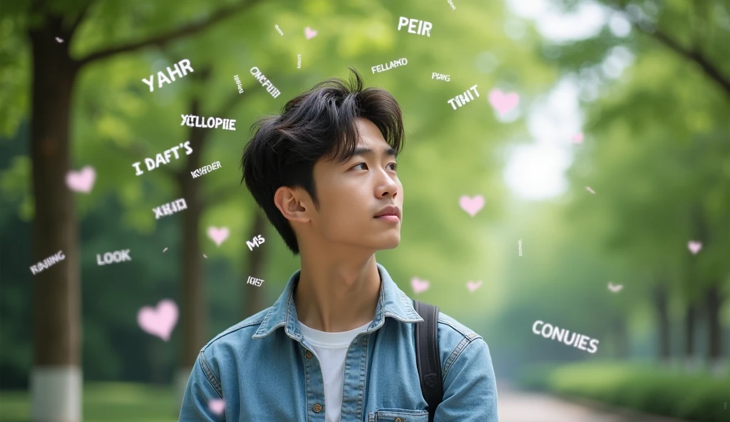 A male Japanese college student is smiling and thinking of an idea, Words floating in the air,Fashionable clothes,Excited, Photo of your face, For work, With a lush park in the background, with a natural look, With a slightly tired look, tilt your face a little, Diagonal orientation, Average face
