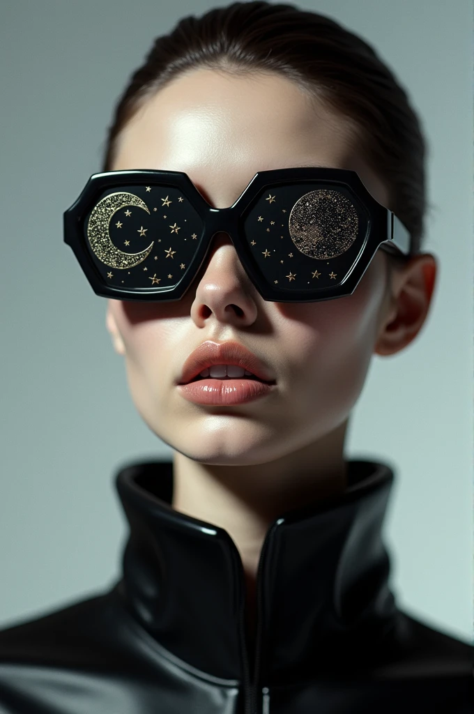 The model is wearing glass sunglasses with stars and the moon on the glass