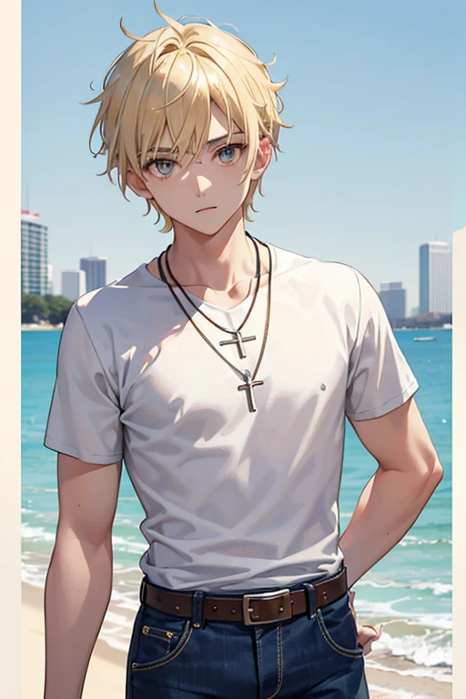 Austin Moon age 16 side spiky blonde hair gray eyes yellow t-shirt with a blue dress shirt open over the shirt slim build blue jeans black belt gold cross necklace looking directly at viewer at viewer's white background