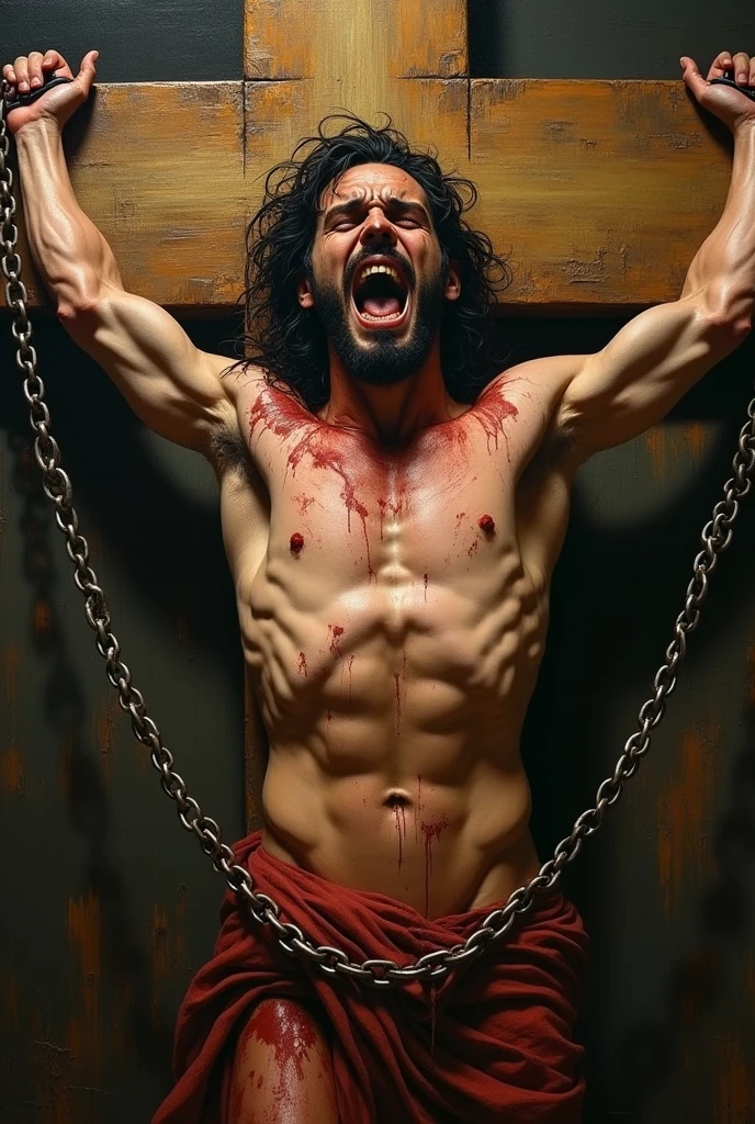 Human chained in a cross; front view, face full of rage and looking to us; beautiful man; caravaggio oil painting; realism; mid lenght hair; background with a lot of detail; inferior half body destroyed  without legs; and blood; show hands 