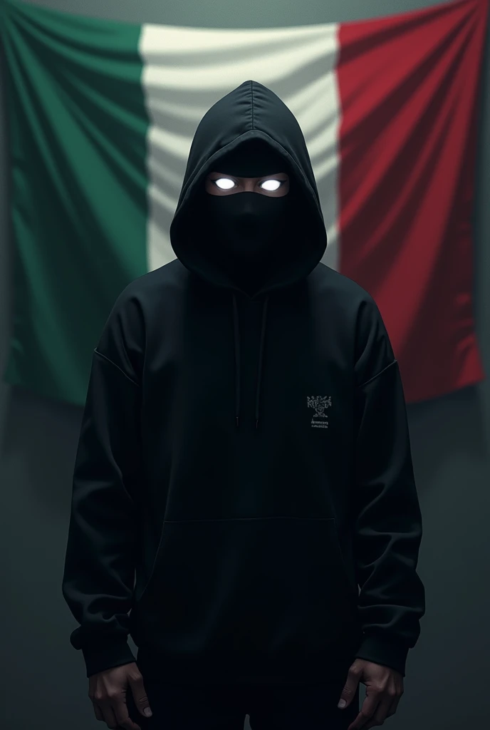 Create a man with a black balaclava and a sweatshirt that covers his entire body. That from his face only a few bright white eyes can be seen. Make the image with a dark environment and the background is the Mexican flag, make the flag ultra realistic, very real and make the character like an anime, not very realistic..
Make the image with a dark vignette and the environment in a semi-dark night. Make the image black and not too dark . improve the image. Make it look epic