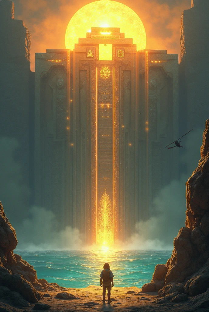 Sun Temple at the Edge of the World:
The Sun Temple, an ancient, mystical structure, glowing with radiant light. It stands on a cliff overlooking the endless ocean, with golden beams of sunlight streaming down. Robin is seen approaching the temple, his glider resting nearby.
