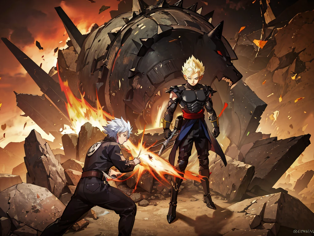 African American male, dark skinned male, super sayian 3, long spiky hair, black battle outfit, dark aura, earth shaking, rubble, cocky smile