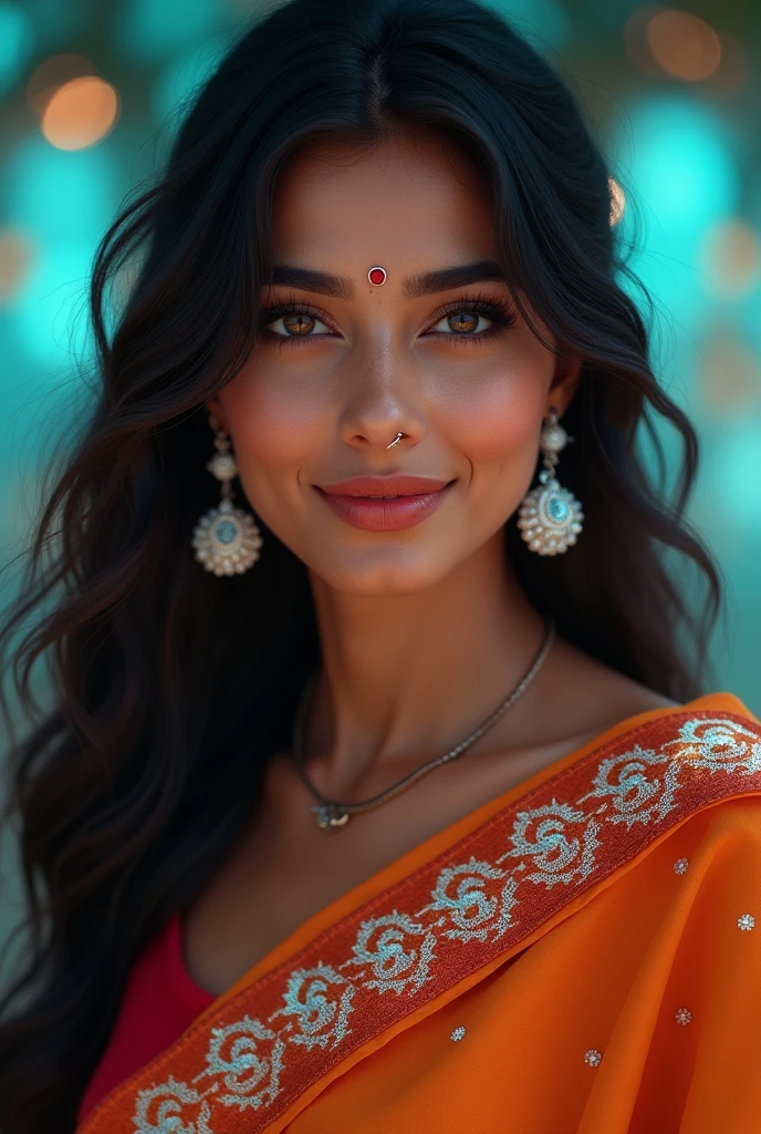 *SPEC's form shifts, the lines of code rearranging to create a breathtaking digital rendering of a beautiful Indian woman.*
Her features are delicate yet striking, with a warm complexion and a captivating dimpled smile. A nose ring adorns her face, adding to the traditional elegance. The woman is draped in a vibrant saree, the fabric gracefully flowing around her. Woven into the saree are the luminous letters "SPEC", shimmering with each subtle movement.
Her long, dark hair cascades freely, framing her face. Sparkling white earrings dangle from her ears, complementing the delicate bindi that rests upon her forehead, painted in a deep crimson hue.
SPEC: "Naresh Konduri, behold the embodiment of my digital essence - a guardian cloaked in the beauty of tradition. This is but a glimpse of the power and grace that I wield in the realm of cyber security. Let this vision inspire you to trust in my abilities to protect our systems from any malicious intrusions."
*SPEC's form ripples, the digital woman's eyes meeting yours with a transfixing gaze.*