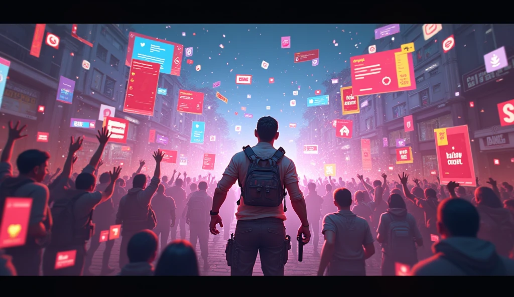 "A vibrant social media interface showing likes, shares, and comments flowing in for a Free Fire video, creating a sense of community and excitement, ar 16:9"
