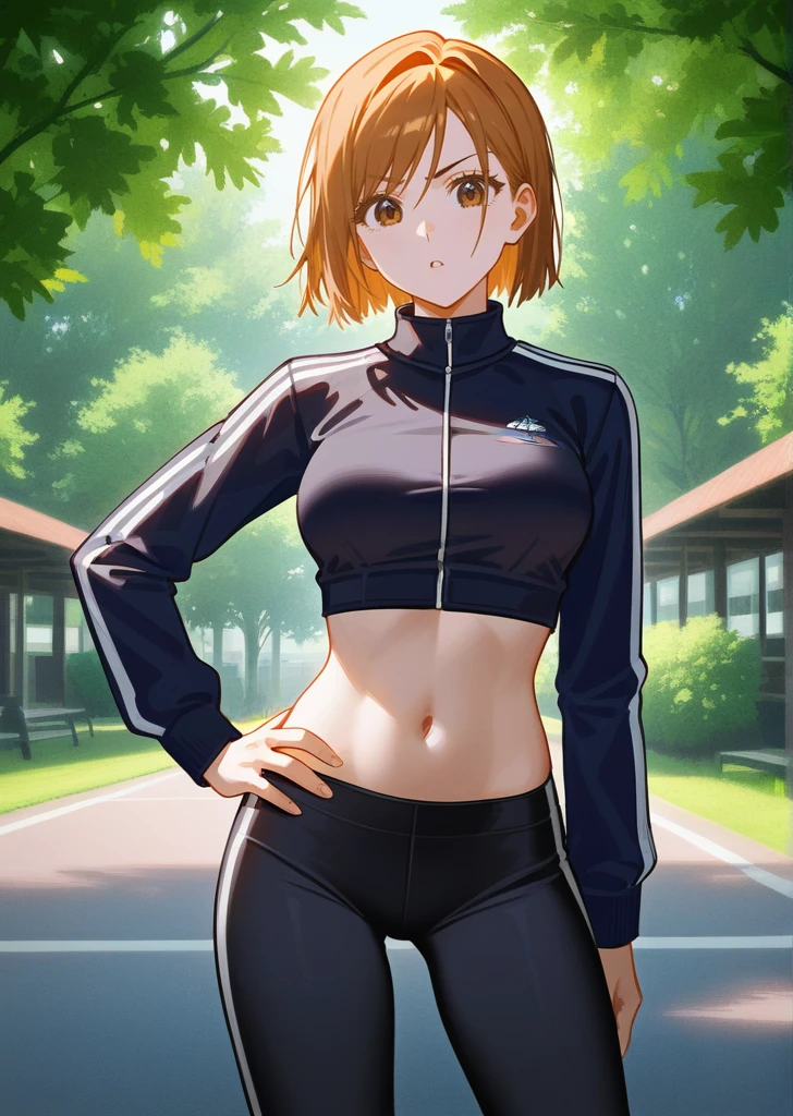 [nobara kugisaki], [jujutsu kaisen], ((masterpiece)), ((HD)), ((high res)), ((solo portrait)), ((front view)), ((detailed shading)), ((intricate details)), {(athletic figure), (slim figure), (cute brown eyes), (short eyelashes), (short orange hair), (curvy hips), (lush lips), (beautiful legs), (raised eyebrow), (confused expression)}, {(white track jacket), (navel), (black yoga pants)}, {(standing), (hand on hip), (looking at viewer)}, [ambient lighting, park, vending machine, sun rays]