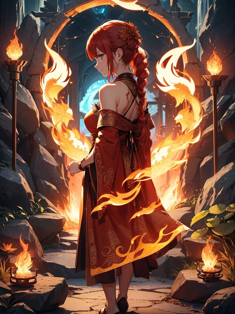 (((best quality, sharp image, clear image, cinematic lighting, 8k resolution, masterpiece, ultra detailed, intricate))) Girl, (((looking over shoulder))), shot from behind, ((half shot)), fire mage, cute, fiery red hair, pigtails in hair, (intricate dress), (white dress), ribbons in hair, smiling, fiery red, ((intricate Portal background)), ((fire magic)), candles, ((glowing runes on skin)), (flame patterns), ((fiery lotus flowers)), busy background., ((fire sigils)), (rock formations), lavafalls
