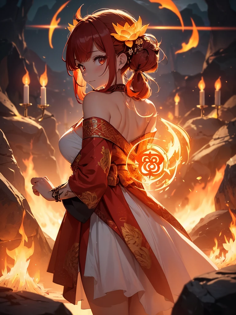 (((best quality, sharp image, clear image, cinematic lighting, 8k resolution, masterpiece, ultra detailed, intricate))) Girl, (((looking over shoulder))), shot from behind, ((half shot)), fire mage, cute, fiery red hair, pigtails in hair, (intricate dress), (white dress), ribbons in hair, smiling, fiery red, ((intricate Portal background)), ((fire magic)), candles, ((glowing runes on skin)), (flame patterns), ((fiery lotus flowers)), busy background., ((fire sigils)), (rock formations), lavafalls