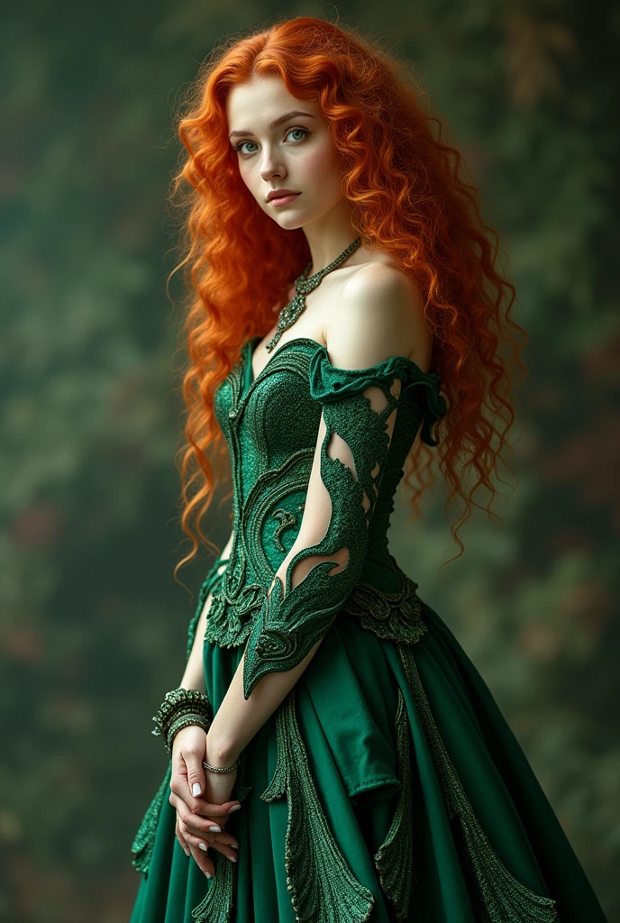 Curly redhead girl in long green dragon-inspired dress and full body jewelry 