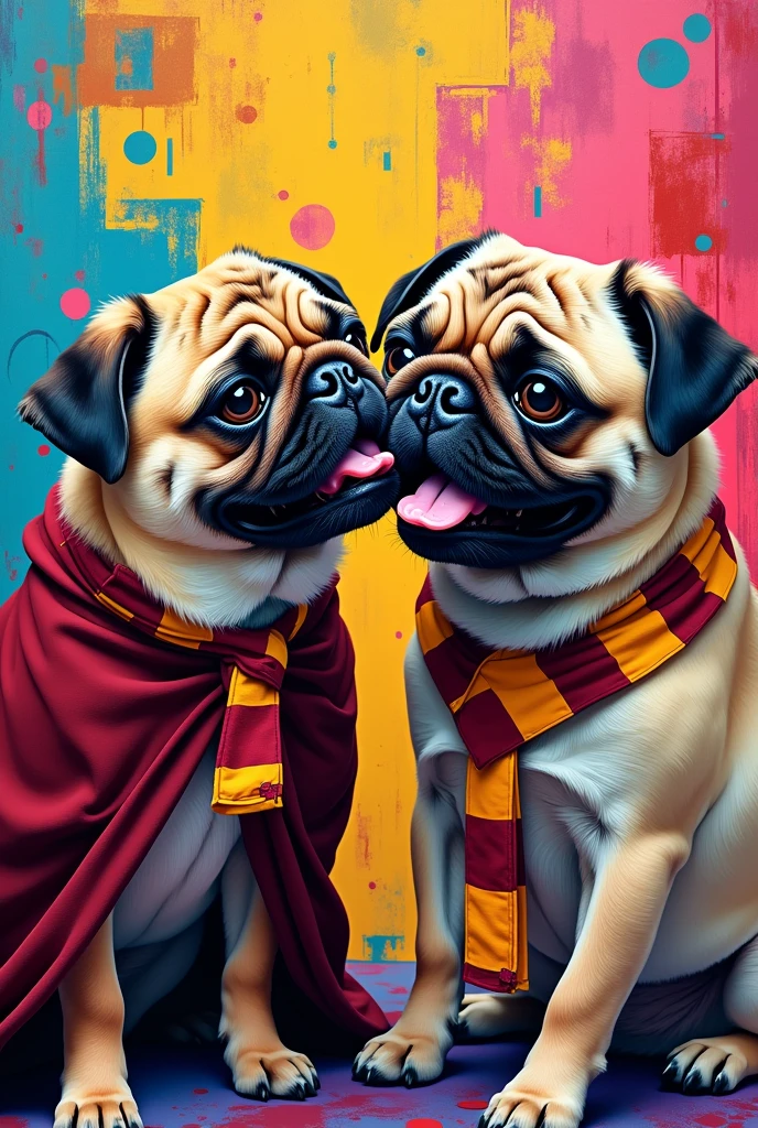 A pop art style painting with the face of a happy pug dog playing with another shiutzu dog dressed as Harry Potter