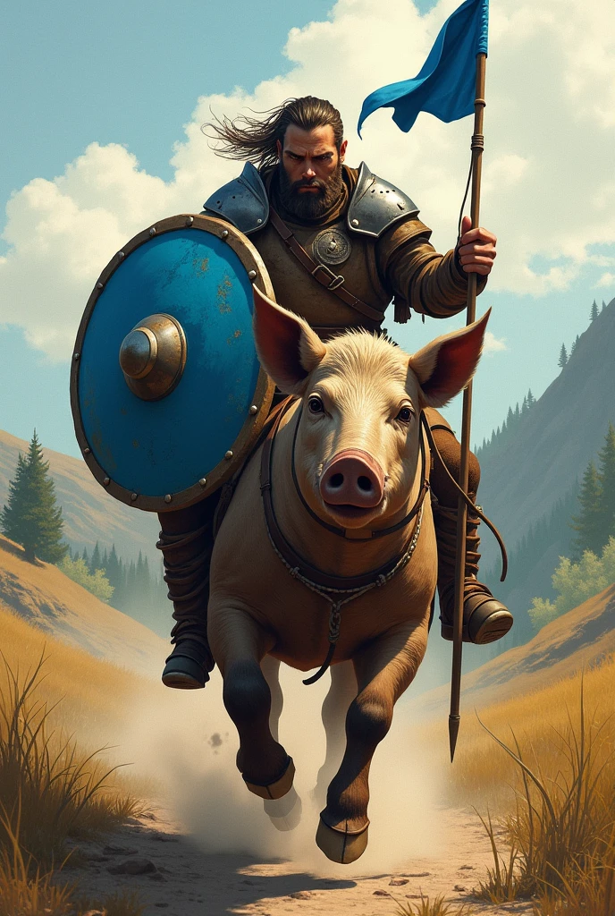 Round patch Man riding pig with azure blue shield in one hand and pennant spear in the other 