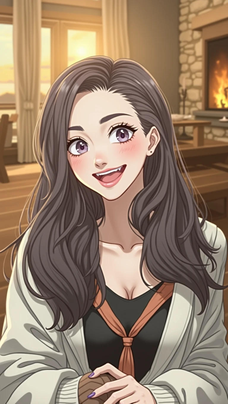 her name is Angela, high qualiy, 1 girl, ((brown woman, de 25 anos, in good shape)), ((20 years old)), ((Scrawny)), ((long length purple hair with bangs)), smiling, pose: sexly, wearing warm overalls, fund: "A luxurious alpine mansion with rustic wooden interiors, a cozy fireplace, and large windows overlooking the sea." PICTURE REALISTIC, alexa grace, yelena belova, Dasha Taran, vestido sexly, tight dress, Sidney Sweeney, Pink body, irina nordsol kuzmina, Pink, skintight dress, Yulia Gorokhova. lora: ariana fitness