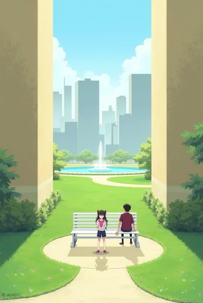 Image of two tall building of color beige and should be separated by spaces more in between. The floor should be filled with green grass.Add a white park bench in the middle and a fountain behind bench and skies and other buildings not related to front buildings should be visible in between the building . The path should be circular. Add a girl and boy. Girl is standing wearing pink white t shirt and a pant and boy is sitting in that white bench Filming her using phone and he is wearing maroon tshirt and a pant