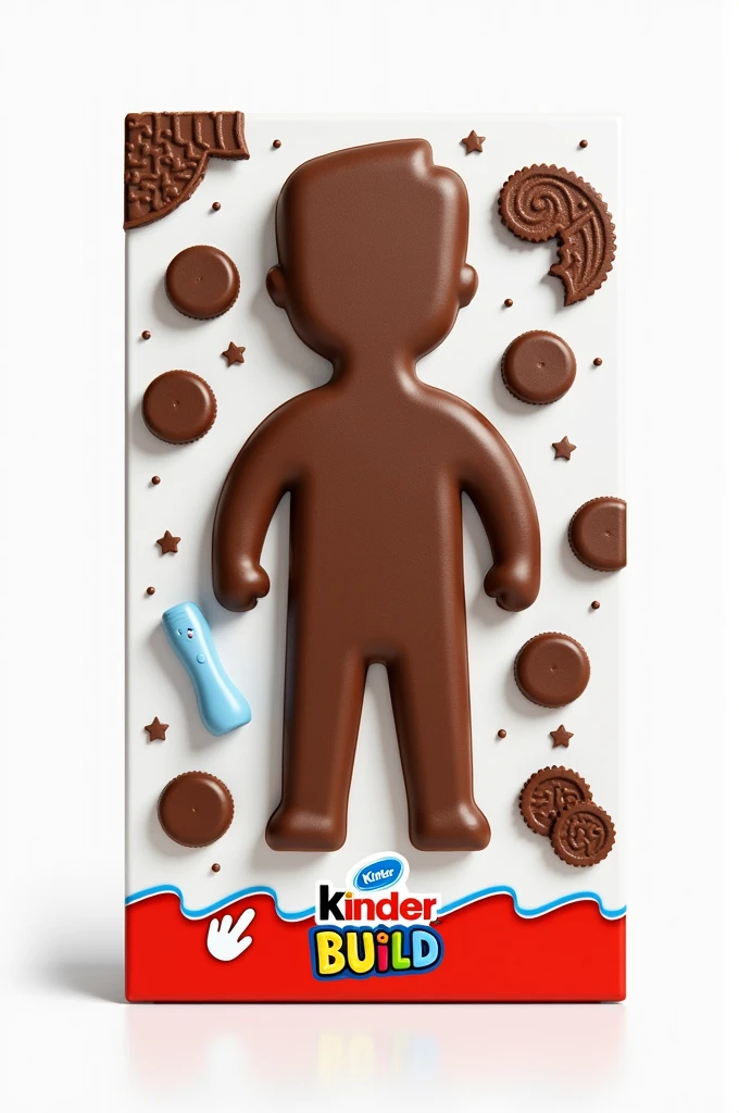 create a box that contains a single, large silhouette-shaped cookie with arms and legs and that contains small chocolates separate from the mouth-shaped cookie,nase,two eyes, etec. so that children can personalize the small chocolate cookies and create their own character . This product is from the Kinder brand., and add his name to the package ˜kinder build, where the box will have a white background, and details in the colors #ef5024 e #43addb.