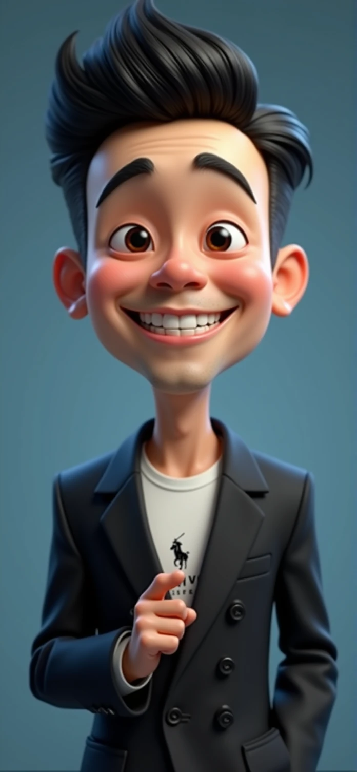 Create a full body portrait of cartoonish caricature 3D animation of a big-headed facing straight to the camera.my name Rafli Rivandi a 22 years old indonesian raphlauren t shirt. He has short black pixie cut hair. His face is oval with smooth lines, thick and neat black eyebrows, normal eyes, a small, sharp nose, and thin lips with a wide, friendly smile. He wore a black double breasted suit. Gradient blue background. masterpiece, top quality, highly detailed skin and face, ultra-realistic, high definition, sharp focus, Concept Art. Front facing, half body portrait, in a office environment