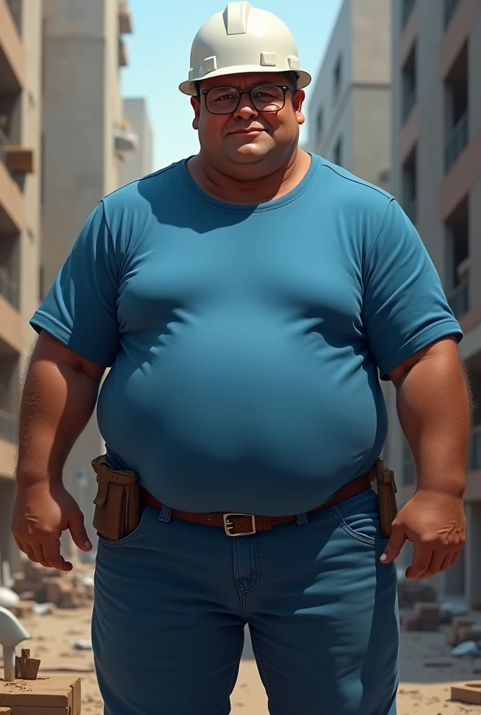 Chubby brown man in blue pants and t-shirt and white construction helmet
