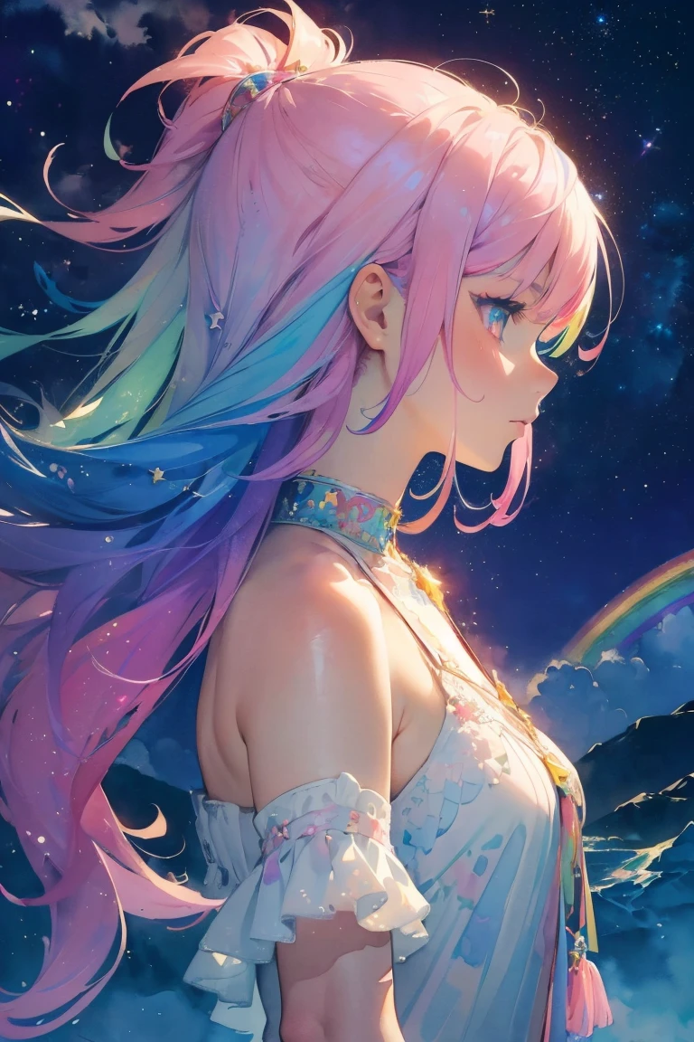 (masterpiece, top quality, best quality,watercolor (medium),official art, beautiful and aesthetic:1.2),(1girl:1.3), (fractal art:1.3),upper body, from side, looking at viewer,patterns,(rainbow color Hair,colorful hair,half blue and half pink hair:1.2),water,liquid, cloud,colorful, starry,stars,