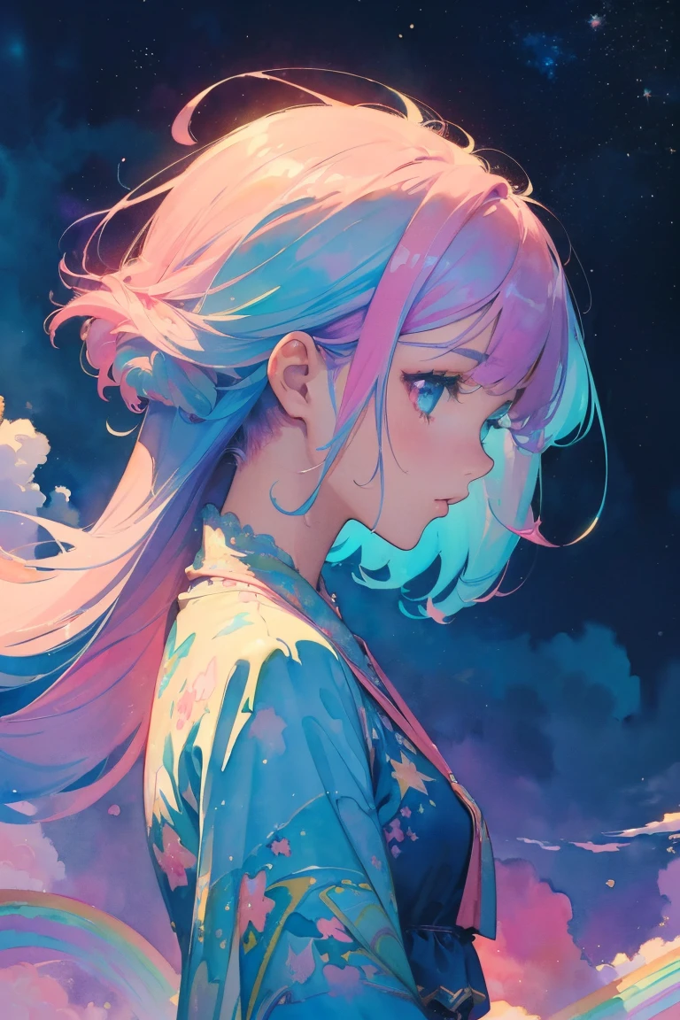 (masterpiece, top quality, best quality,watercolor (medium),official art, beautiful and aesthetic:1.2),(1girl:1.3), (fractal art:1.3),upper body, from side, looking at viewer,patterns,(rainbow color Hair,colorful hair,half blue and half pink hair:1.2),water,liquid, cloud,colorful, starry,stars,