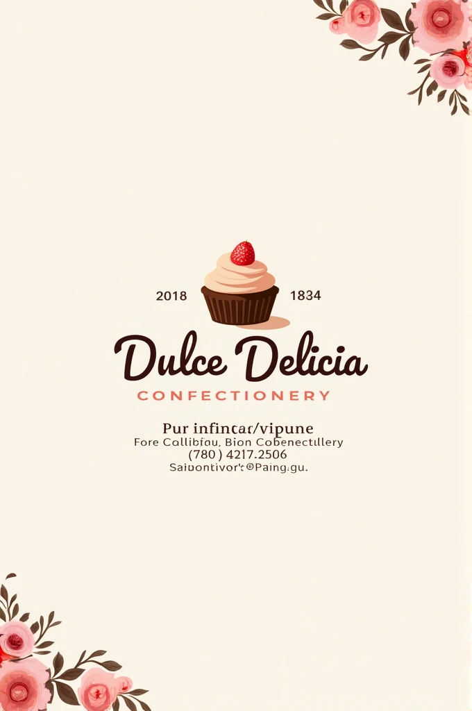 "An image of the logo of the confectionery &#39;Dulce Delicia&#39;, accompanied by contact information (telephone, address, social networks) in a clean and professional design. The background can have soft colors and decorative elements related to baking.."

