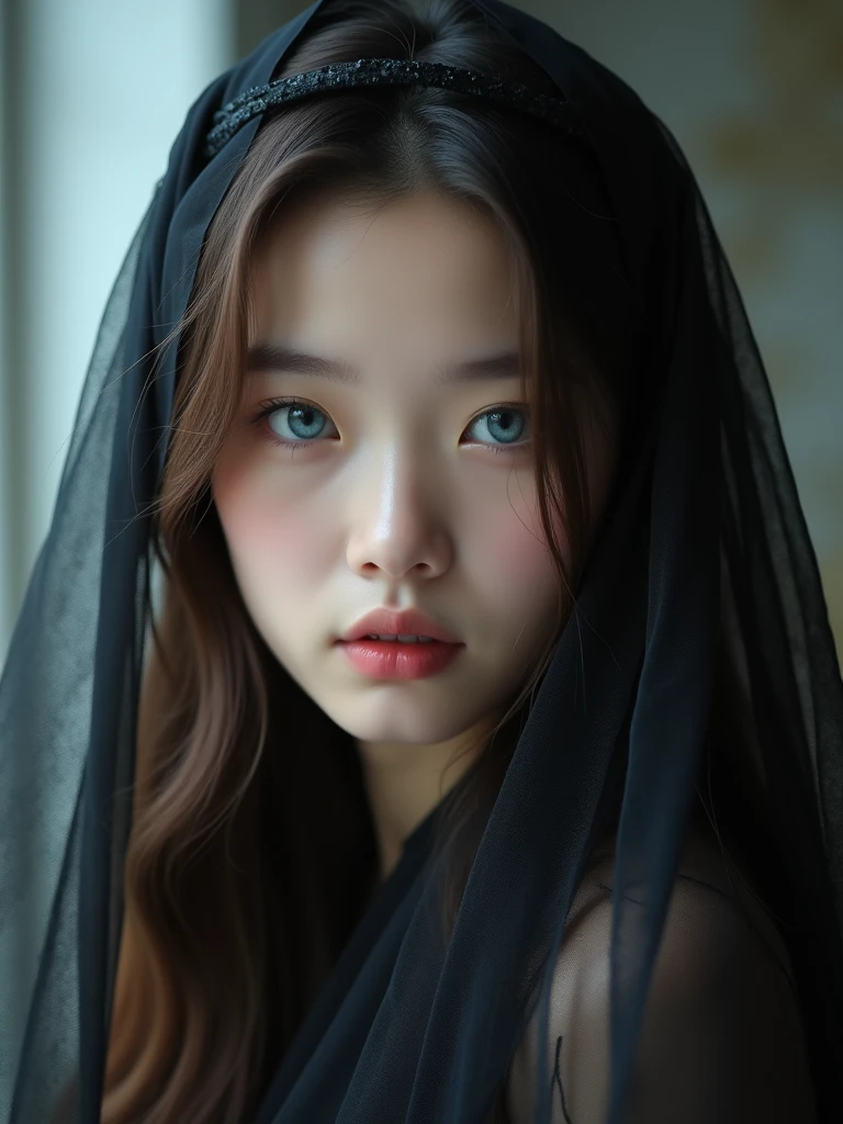 Portrait-style image featuring a 23 years old japanese woman with fair skin and long, wavy brown hair. She has striking blue eyes and is wearing a sheer black veil over her head, which adds a dramatic and ethereal quality to the photograph. The lighting is soft, highlighting her facial features, including her straight eyebrows, delicate nose, and slightly parted lips. The background is blurred, ensuring the focus remains on the subject. The overall composition is balanced, with the subject centered and the veil creating a frame around her face.