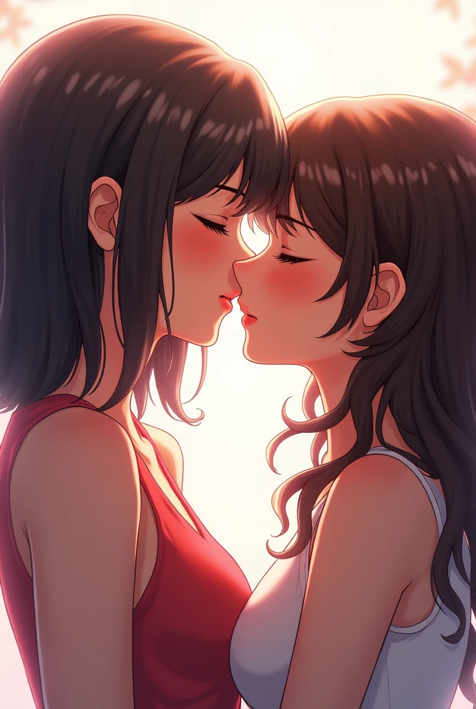 Short haired girl kissing intensely a curly haired girl anime style
