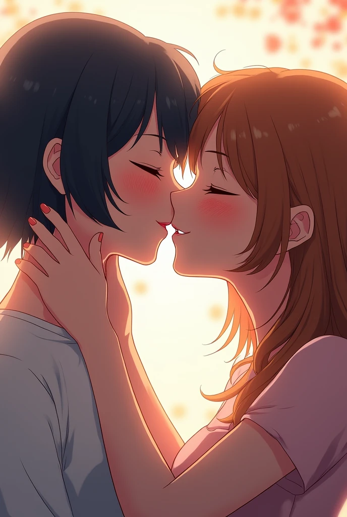 Short haired girl kissing intensely a curly haired girl anime style