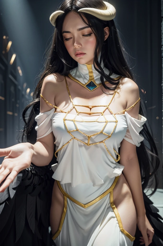 Masterpiece, Best quality, Ultra-detailed, illustration, epic lighting, Cinematic composition, isometry,(hexagons:1.2), 1girll, Horns, Solo, Yellow eyes, Black hair, Long hair, (Low wing:1.2), Large cleavage, Bare shoulders, hair between eye, Medium breasts, (White dress:1.1), Golden decoration, Detached collar, view the viewer, Semi-closed Eyes, (view the viewer:1.1), parted lip, Blush, Black feathers fall, Arena, particle fx, (8K:1.1)