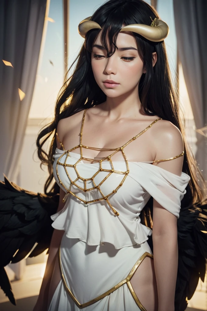 Masterpiece, Best quality, Ultra-detailed, illustration, epic lighting, Cinematic composition, isometry,(hexagons:1.2), 1girll, Horns, Solo, Yellow eyes, Black hair, Long hair, (Low wing:1.2), Large cleavage, Bare shoulders, hair between eye, Medium breasts, (White dress:1.1), Golden decoration, Detached collar, view the viewer, Semi-closed Eyes, (view the viewer:1.1), parted lip, Blush, Black feathers fall, Arena, particle fx, (8K:1.1)