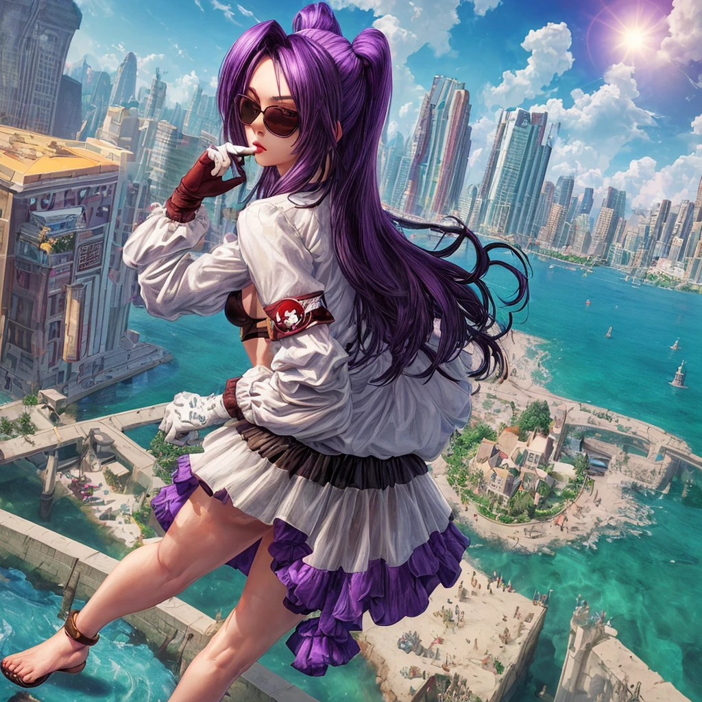 masterpiece, Best Quality,kfc, 1 girl, hits, fair_back, without any clothes, old, gloves, jewelry, big_old, long_hair, long_sleeves, sin pantys_eyes, purple_hair, shirt, suno,viewer,sunglasses,bikini, (sun, cloud,Renaissance city around the water,outdoor :1.1),blender rendering((isometric)),