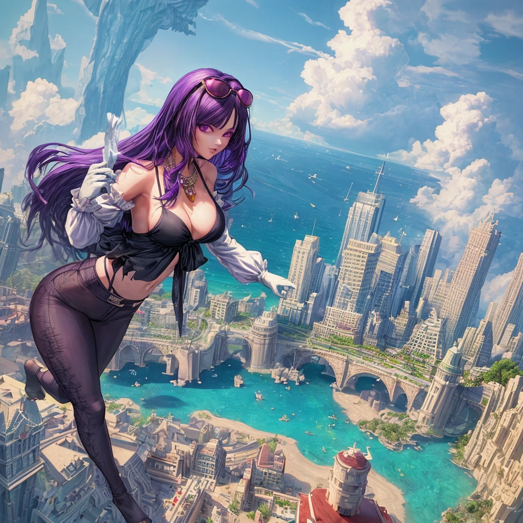 masterpiece, Best Quality,kfc, 1 girl, hits, fair_back, without any clothes, old, gloves, jewelry, big_old, long_hair, long_sleeves, sin pantys_eyes, purple_hair, shirt, suno,viewer,sunglasses,bikini, (sun, cloud,Renaissance city around the water,outdoor :1.1),blender rendering((isometric)),