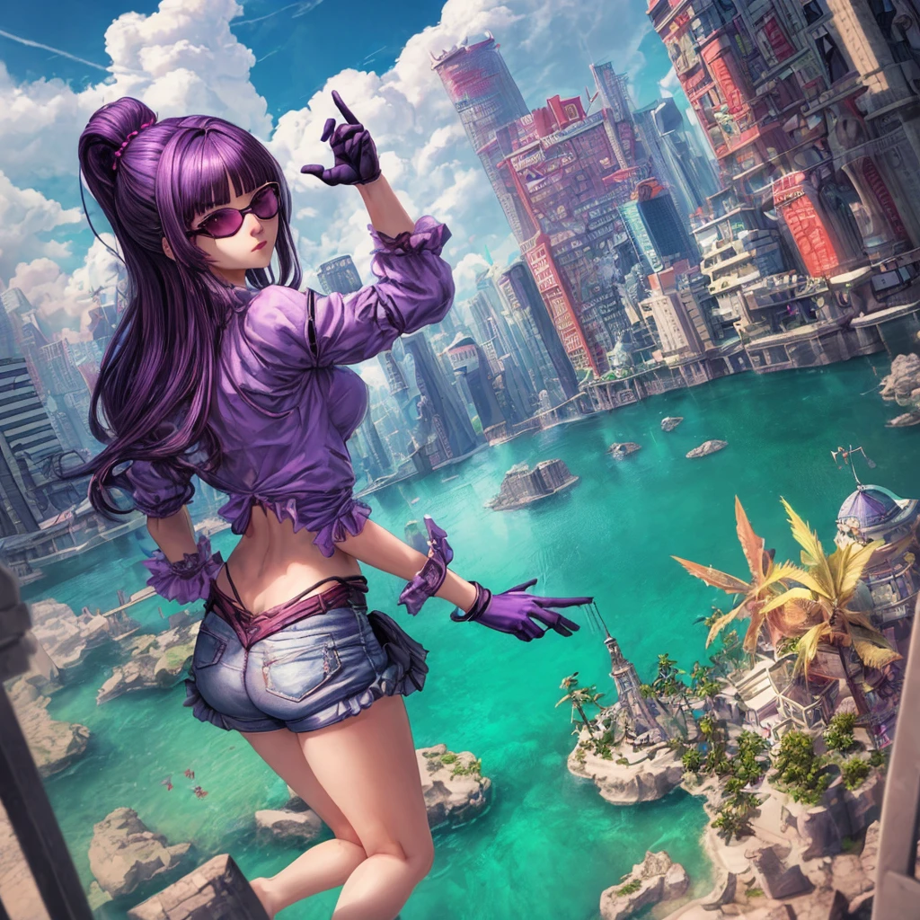 masterpiece, Best Quality,kfc, 1 girl, hits, fair_back, without any clothes, old, gloves, jewelry, big_old, long_hair, long_sleeves, sin pantys_eyes, purple_hair, shirt, suno,viewer,sunglasses,bikini, (sun, cloud,Renaissance city around the water,outdoor :1.1),blender rendering((isometric)),
