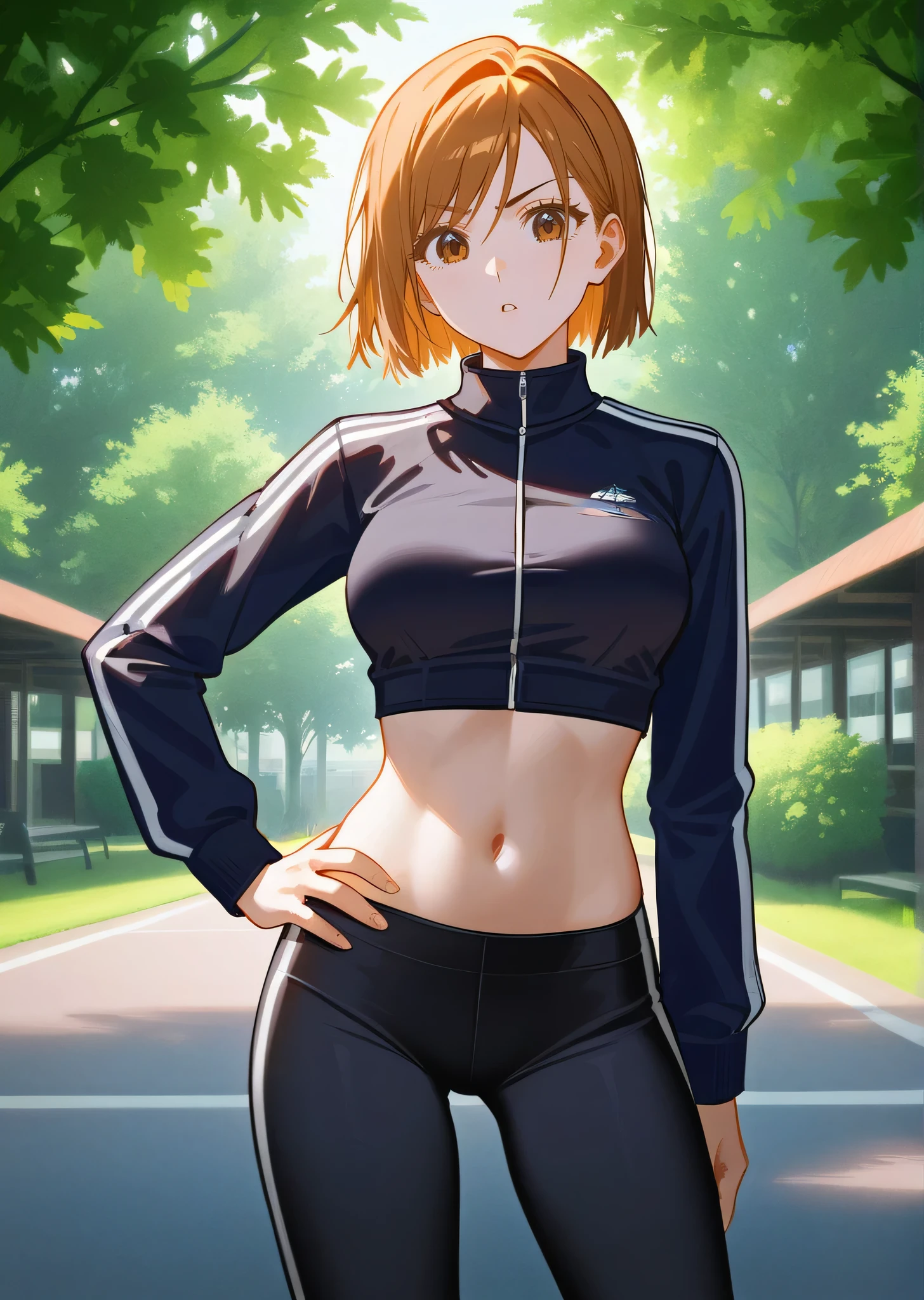 [nobara kugisaki], [jujutsu kaisen], ((masterpiece)), ((HD)), ((high res)), ((solo portrait)), ((front view)), ((detailed shading)), ((intricate details)), {(athletic figure), (slim figure), (cute brown eyes), (short eyelashes), (short orange hair), (curvy hips), (lush lips), (beautiful legs), (raised eyebrow), (confused expression)}, {(white track jacket), (navel), (black yoga pants)}, {(standing), (hand on hip), (looking at viewer)}, [ambient lighting, park, vending machine, sun rays]