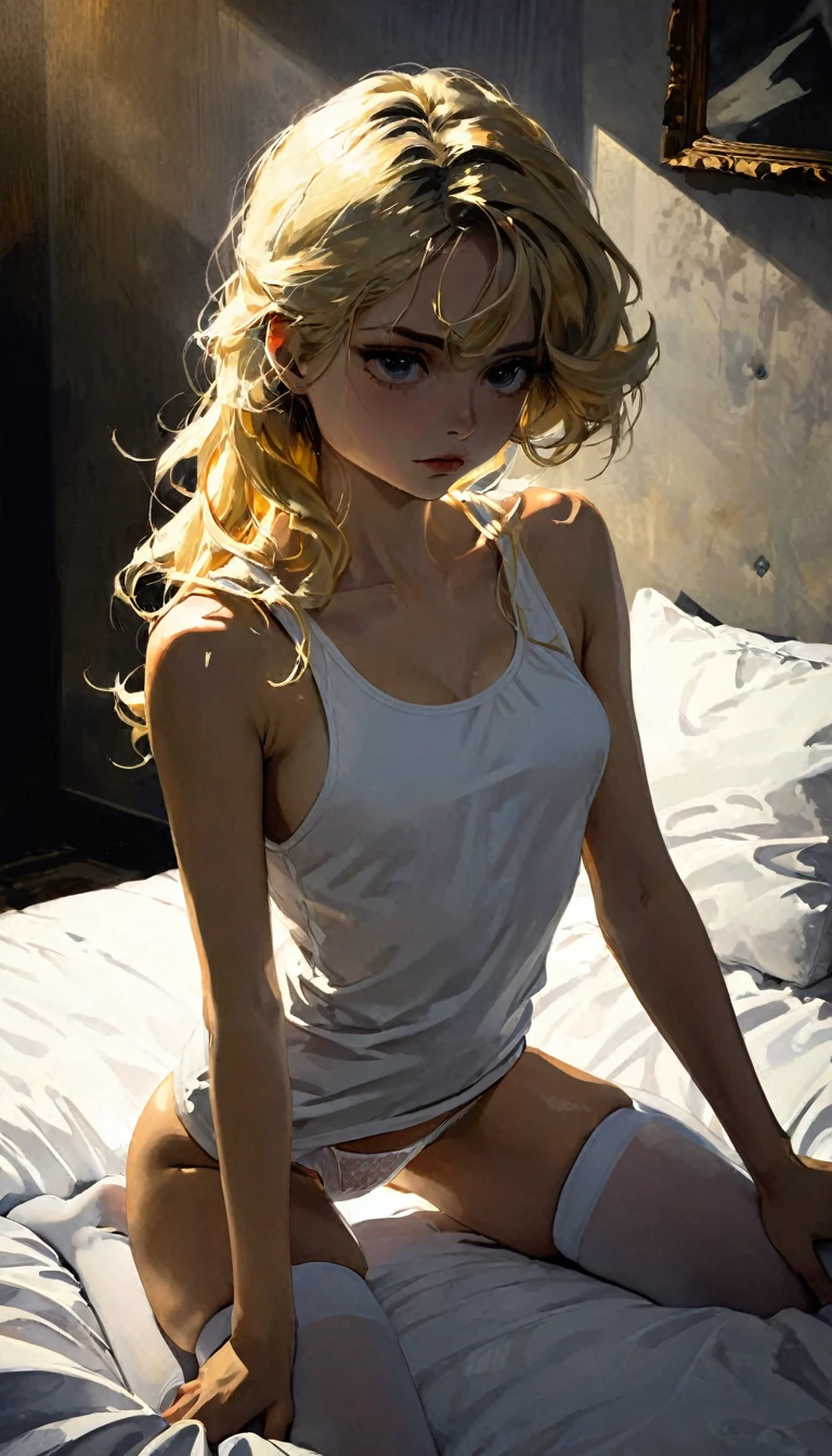 very sexy girl, blonde with long hair, small breasts, wearing a very tight white tank top,  panties, stockings, very sexy, in bed, looking at us provocatively, eroticism, sexy, black and white image, between shadows, oil painting, chiaroscuro, sensual, spectacular lighting, moody atmosphere, photorealistic, intricate details, masterpiece, ultra-detailed, high quality, 8k, best quality, realistic, cinematic, dark and brooding, expressionist, powerful composition, emotional impact art inspired by Bill Sienkiewicz
