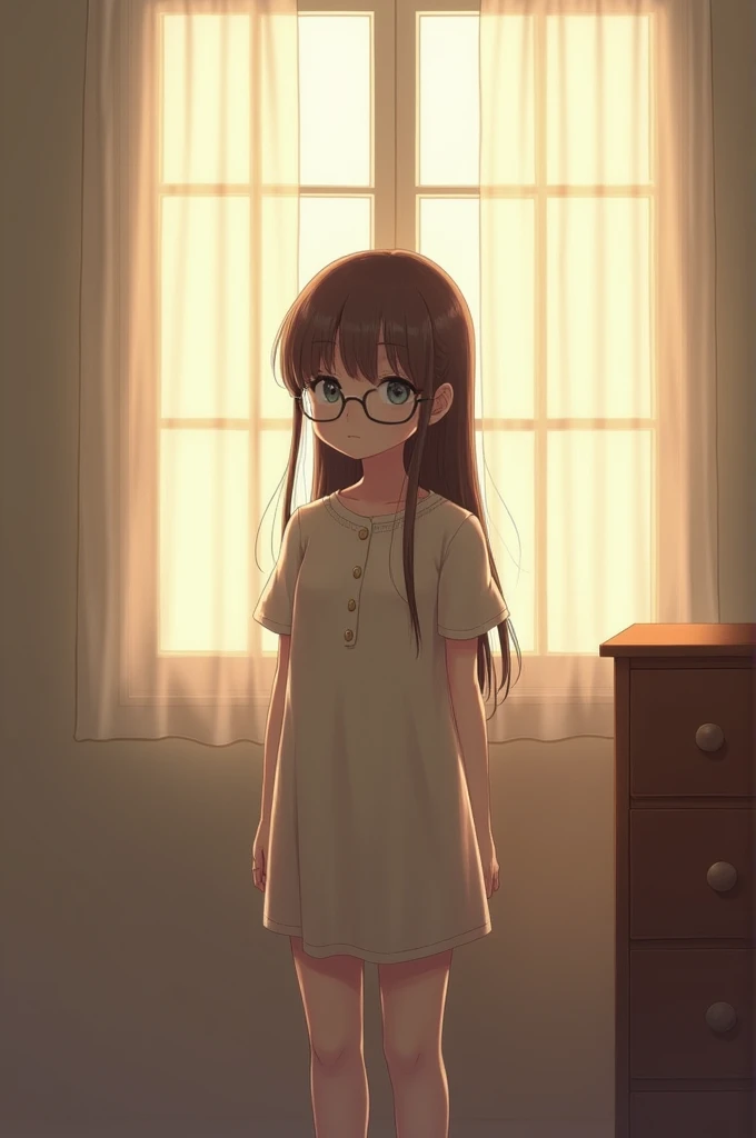 “A young girl standing in a softly lit room, near a window with sheer curtains allowing gentle daylight to enter. She is wearing a light, pastel-colored dress with delicate buttons on the front. The girl has long, straight hair, and she is wearing round glasses that give her a cute and thoughtful look. The room is simple and cozy, with a wooden dresser visible in the background. The overall atmosphere is warm and serene.”