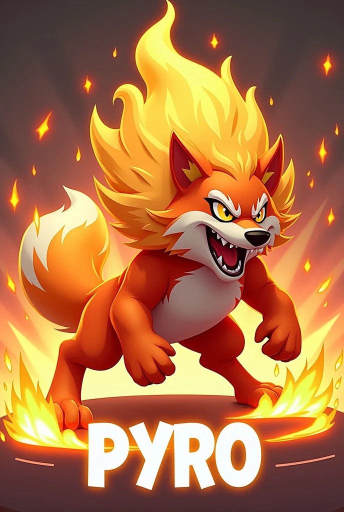 Design a 3D stylized illustration for 'Pyro,' a dog-like creature representing the fire element, depicted in an aggressive skill pose. The art style should be consistent with the SOLMON logo, featuring bold lines and a vibrant color scheme. Pyro should be shown mid-action, with flames swirling around its body as it prepares to launch a fiery bite attack. The background should include minimalistic digital elements that complement the fiery theme, ensuring a cohesive and visually striking design.