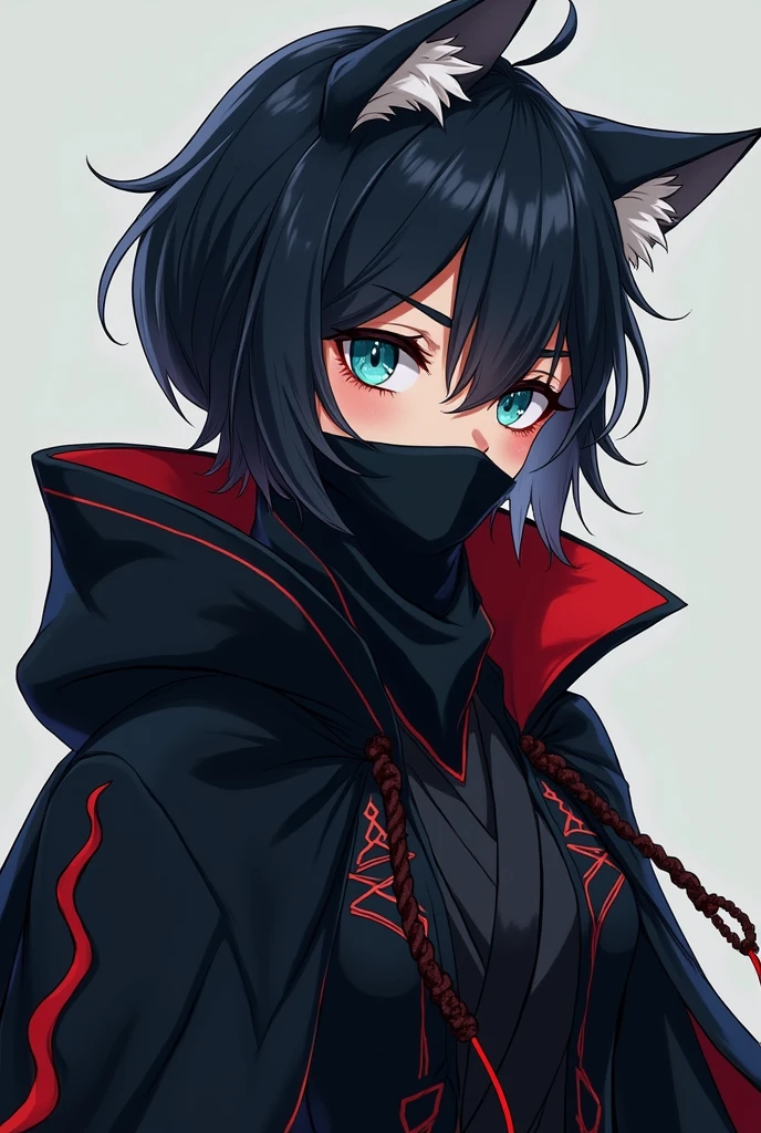 ((masterpiece, Anime)) Wolf girl, 24 years, wolf's tail, female, Short black hair with white tips, handsome, slender, dark priest with balck and red cloack, blue eyes, cultist, solo, one character, Long clothes. Black bandana covering the mouth in colors that match the outfit.