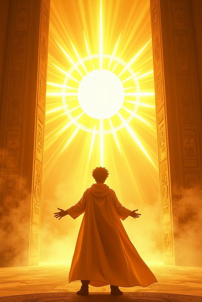 Robin Unlocking the Sun's Power:

Robin standing at the center of the Sun Temple, where he is surrounded by a brilliant aura of light. His hands are outstretched, as he channels the sun’s energy, with golden rays emanating from him, symbolizing the moment he harnesses the power of the sun