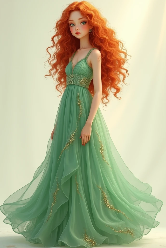 Curly redhead girl in long light green dress inspired by dragons full body 