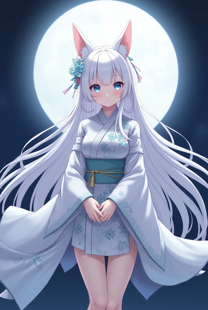 (masterpiece:1.2), highest quality,pixiv,
1 girl, alone, white long hair, moon, traditional Chinese Han custom, traditional Chinese custom, pinky fox ear, looking at the viewer, animal ears, blue eyes, long sleeve, bangs, full moon, wide sleeve, Chinese go pattern, hair ornaments, Tassel, hair between eyes, flower, Are standing, parted lips, fox ears, Animal ear fluff, white kimono, hair flower, print kimono, very long hair, white flower, legs stick out from frame.